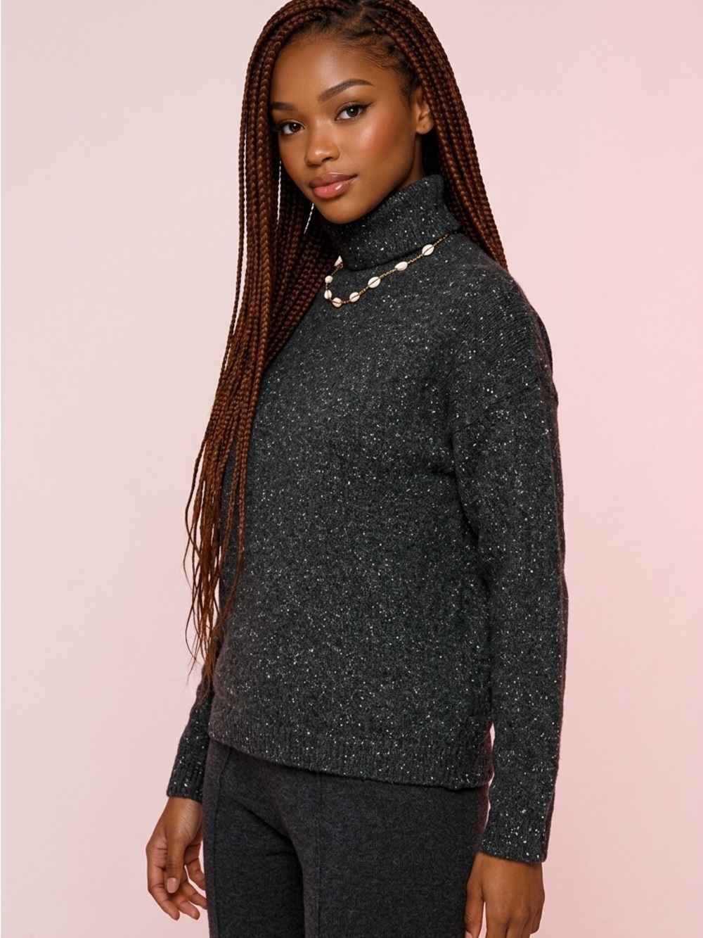 Marc Allan Wool Angora Speckled Charcoal Turtleneck Classic Cozy Sweater-L